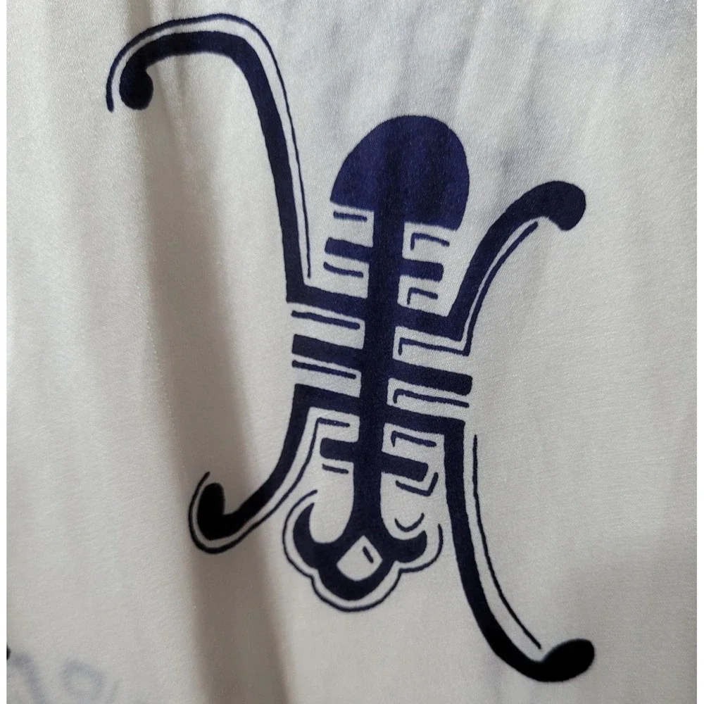 White & Navy Patterned Satin Scarf With Fringe Detailing